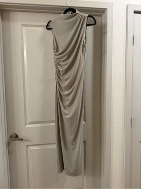 Zara Beige One-Shoulder Draped Maxi Dress